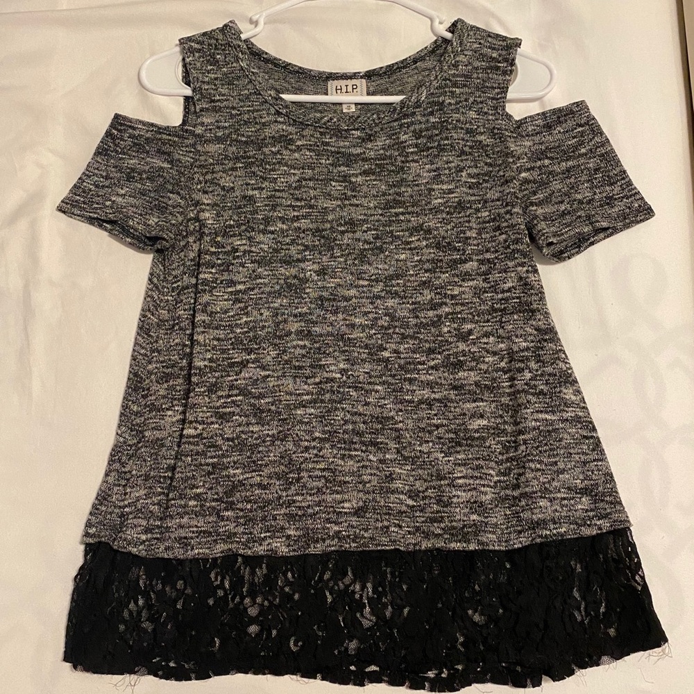 H.I.P Gray Cold Shoulder Top w/ Black Lace Hem XS